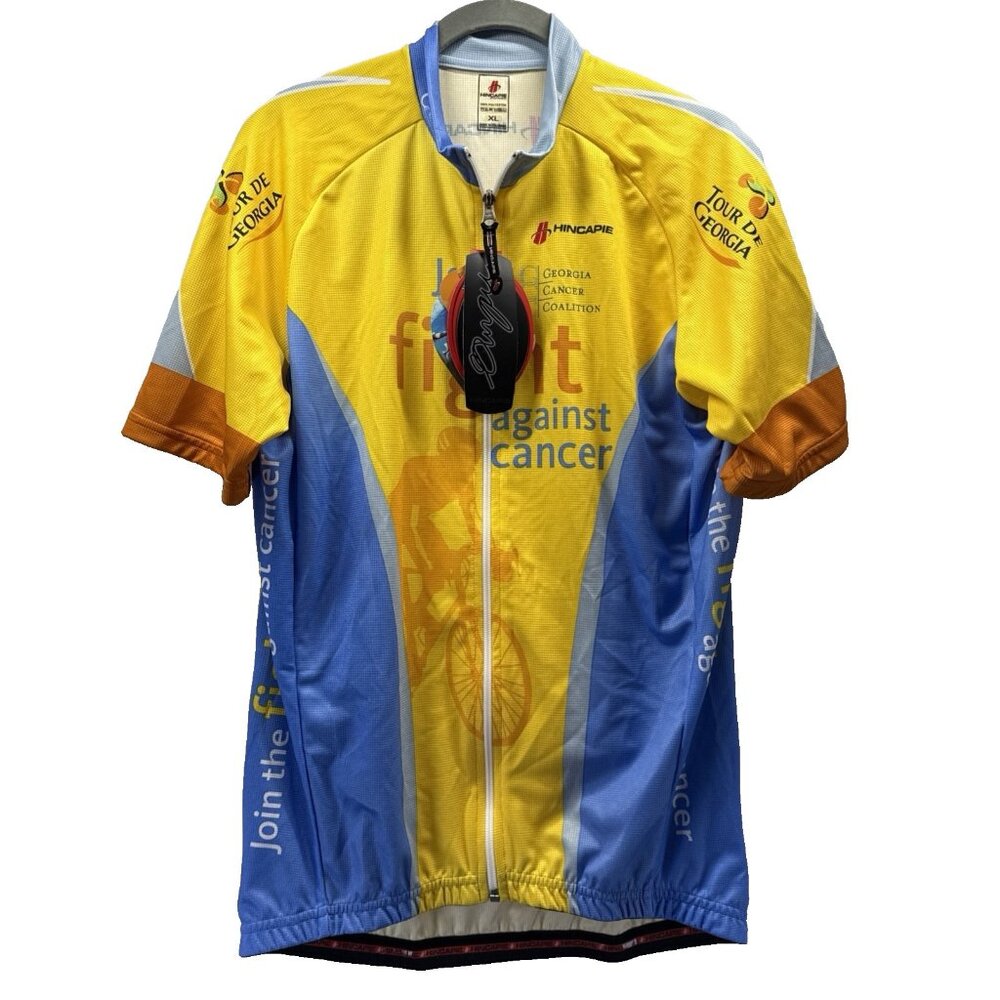 HINCAPIE‎ Cycling Jersey Men’s XL Full Zip Yellow Blue Short Sleeve Fight Cancer